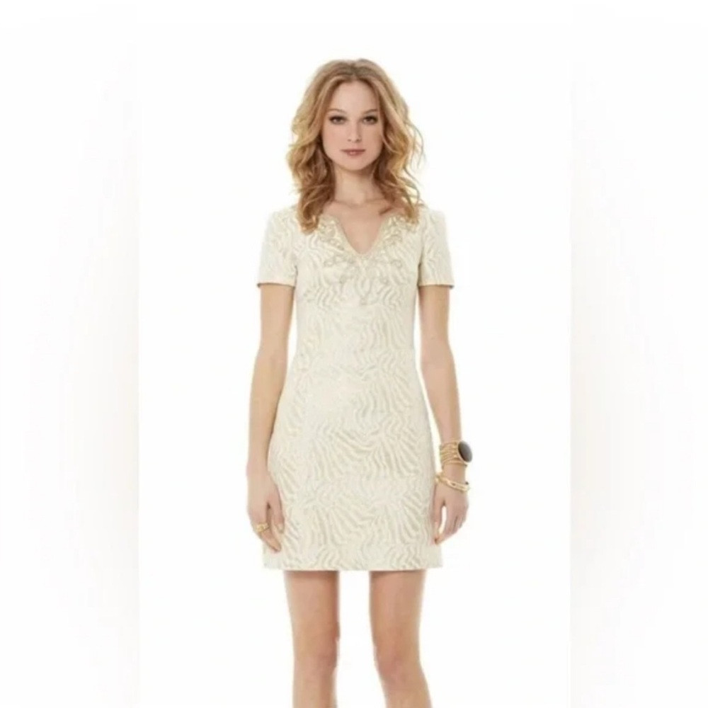 Lilly Pulitzer Milannia Gold Metallic Zebra Stripe Jacquard Shift Dress ($278)